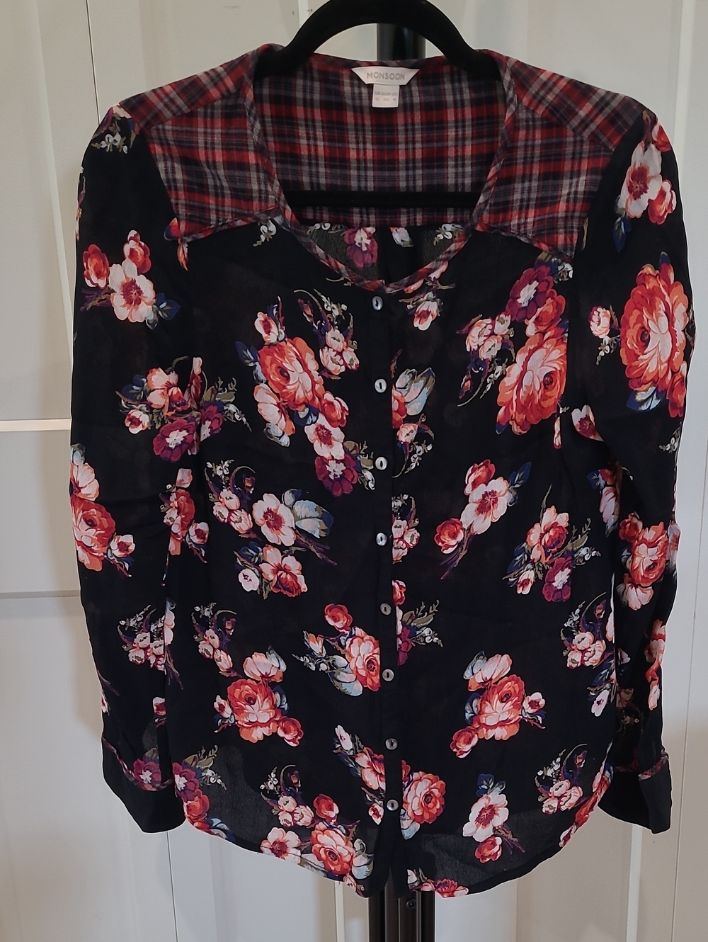 Monsoon Black Floral Button-Down Blouse with Plaid Yoke